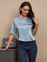 [Grayish Blue] SilkSilky  Pure Silk Half Sleeve Scoop Neck Women's T-Shirt 004