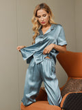 SilkSilky US Pure Silk Short Sleeve Lapel Women's Pajamas SteelBlue 003