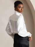 SilkSilky  19Momme Silk Blend Long Sleeve Tie Neck Women's Shirt White 004