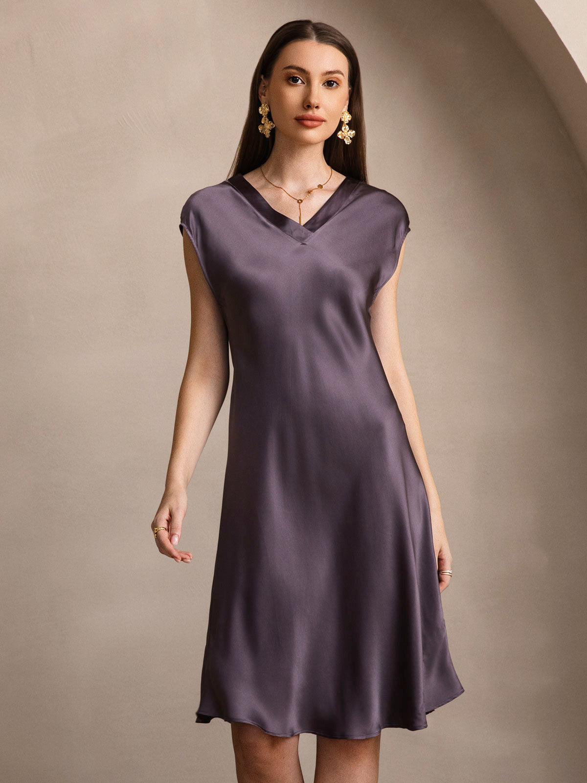 SilkSilky  Pure Silk Sleeveless V Neck Nightgown PurpleGray 003