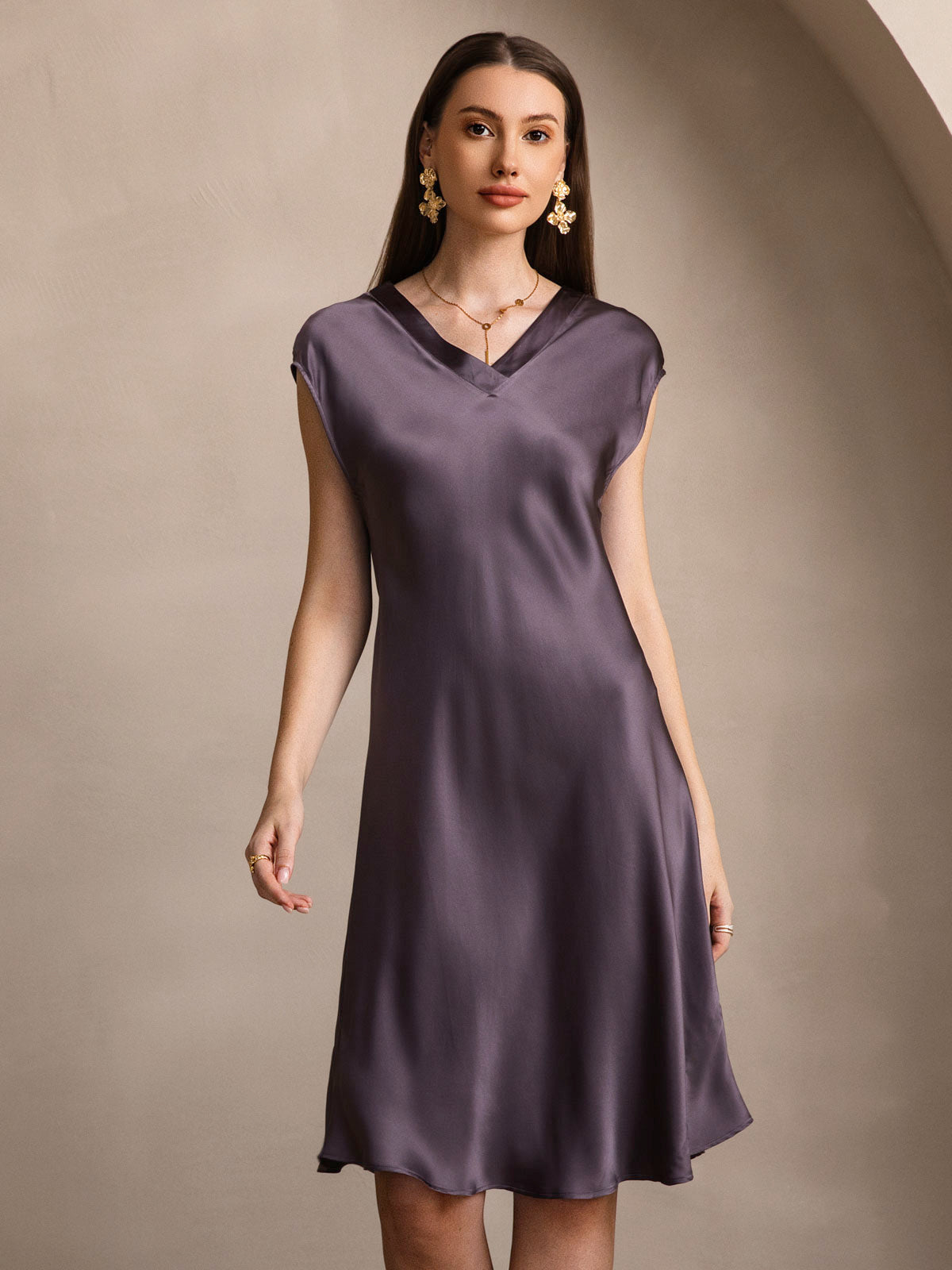 [Purple Gray] SilkSilky  Pure Silk V Neck Nightgown 003