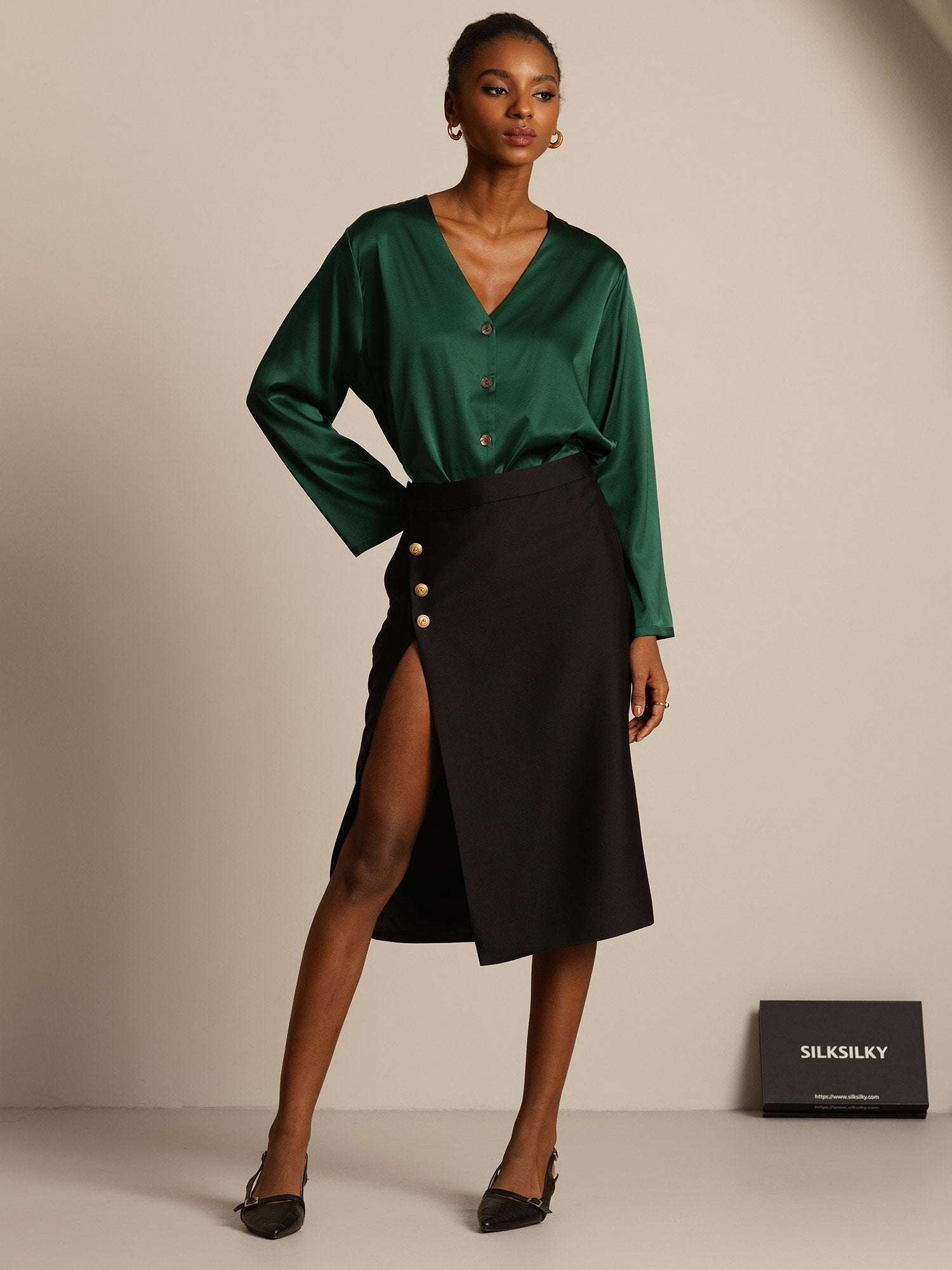 [Black] SilkSilky  32Momme Silk Split Skirt 006,