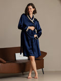 SilkSilky  Pure Silk Long Sleeve V Neck Women's Robe DarkBlue 004