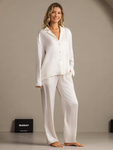 [White] SilkSilky  19Momme Machine-Washable Silk Long Sleeve Notch Collar Women's Pajamas 003