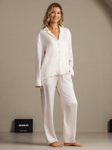 [White] SilkSilky  19Momme Machine-Washable Silk Long Sleeve Notch Collar Women's Pajamas 003