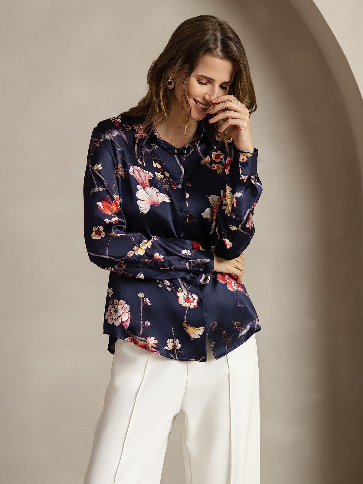[Navy Floral] SilkSilky  Silk Lapel Collar Women's Shirt 005