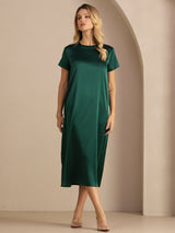 [Dark Green] SilkSilky Short Sleeve Round Neck Dress 007