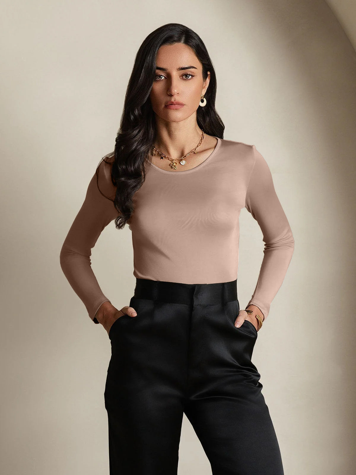 [Coffee] SilkSilky  Silk Round Neck Women's T-Shirt 001