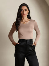 [Coffee] SilkSilky  Silk Jersey Long Sleeve Round Neck Women's T-Shirt 001