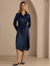 [Dark Blue] SilkSilky Long Sleeve Lapel Collar Dress 006