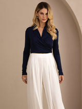 [Dark Blue] SilkSilky  Long Sleeve Wrap Women's Blouse 005