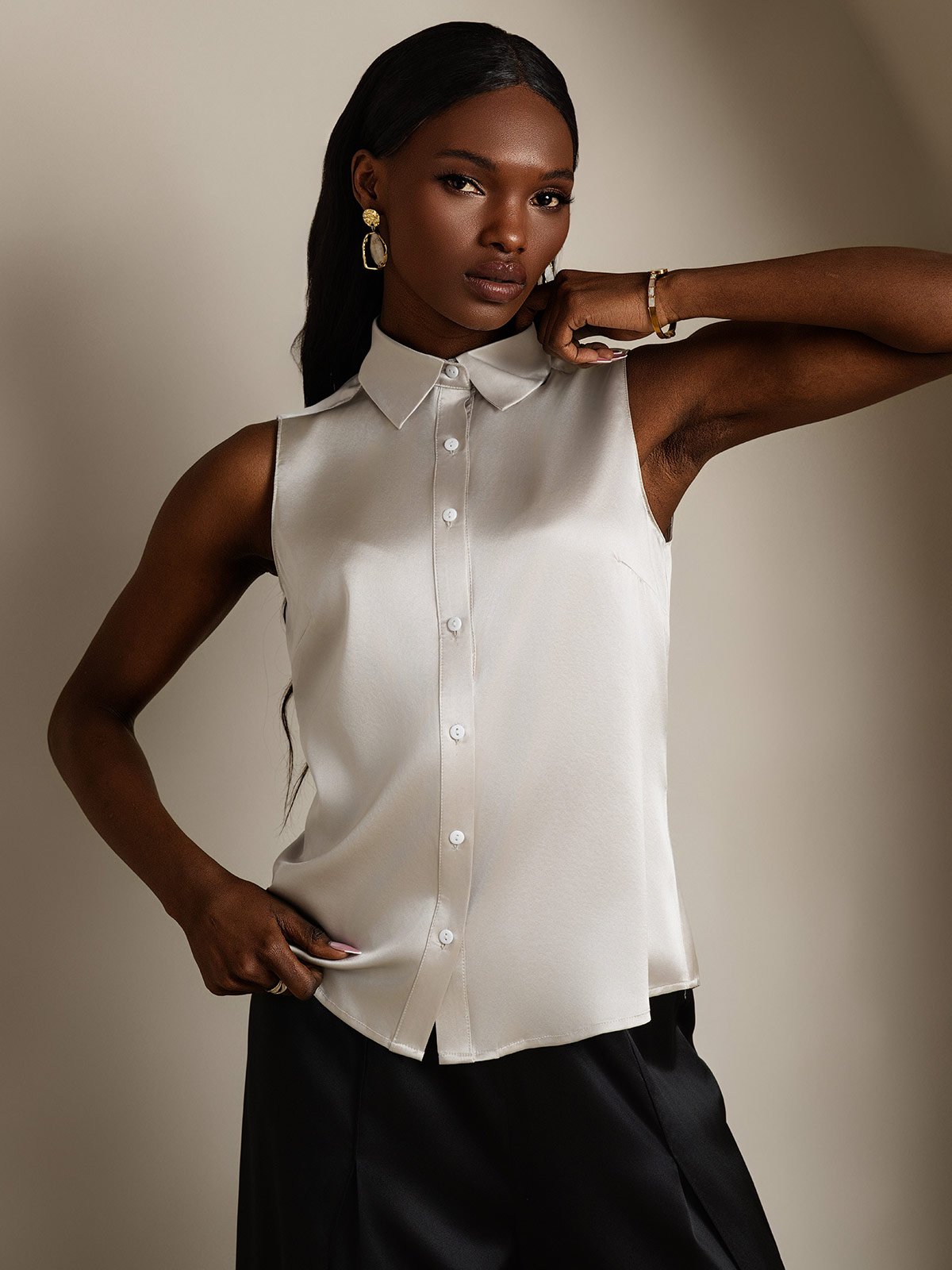 SilkSilky 19Momme Silk Sleeveless Collar Women's Shirt LightGray 004