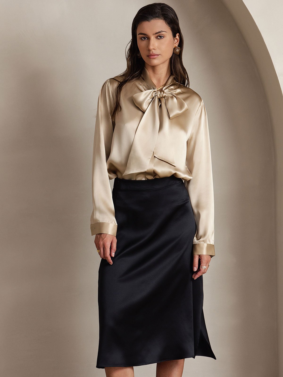 [Champagne] SilkSilky 19Momme Silk Long Sleeve Tie Neck Women's Shirt 004