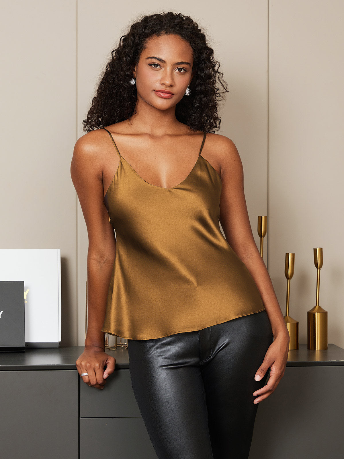 [Coffee] SilkSilky  Pure Silk V Neck Camisole Top 005