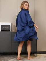 [Dark Blue] SilkSilky  3/4 Sleeve V Neck Nightgown&Robe Set 002