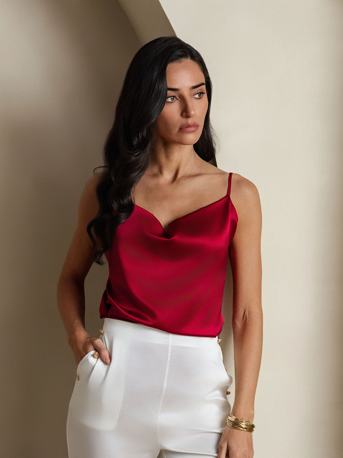 [Wine] SilkSilky  19Momme Silk Cowl Neck Camisole Top 003