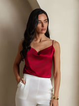 [Wine] SilkSilky  19Momme Stretch Silk Charmeuse Spaghetti Strap Cowl Neck Camisole Top 003