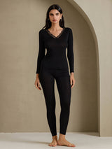 [Black] SilkSilky  Long Sleeve V Neck Women's Long Johns 001