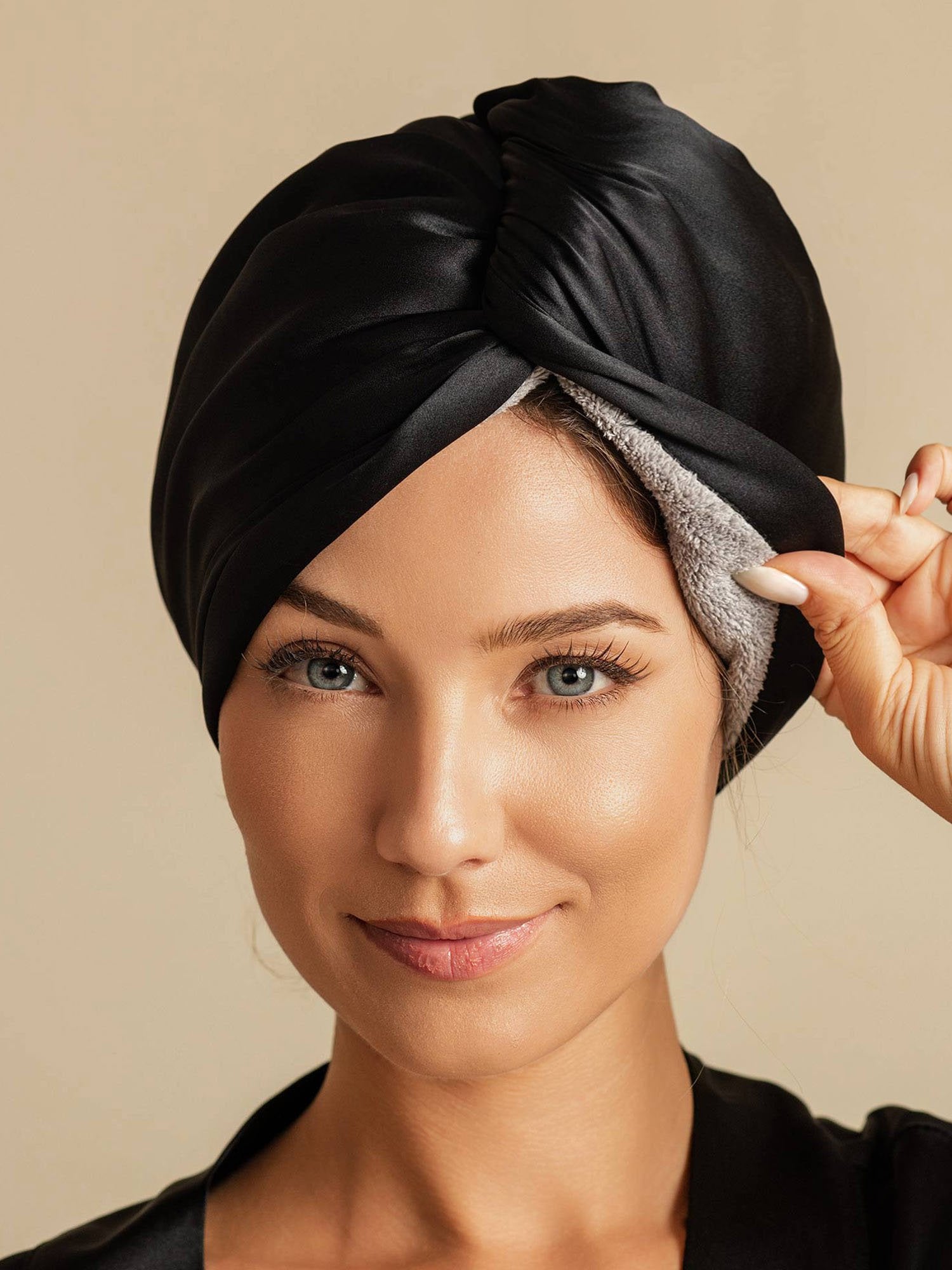 [Black] SilkSilky  Pure Silk Wrap Hair Towel Wrap 001,
