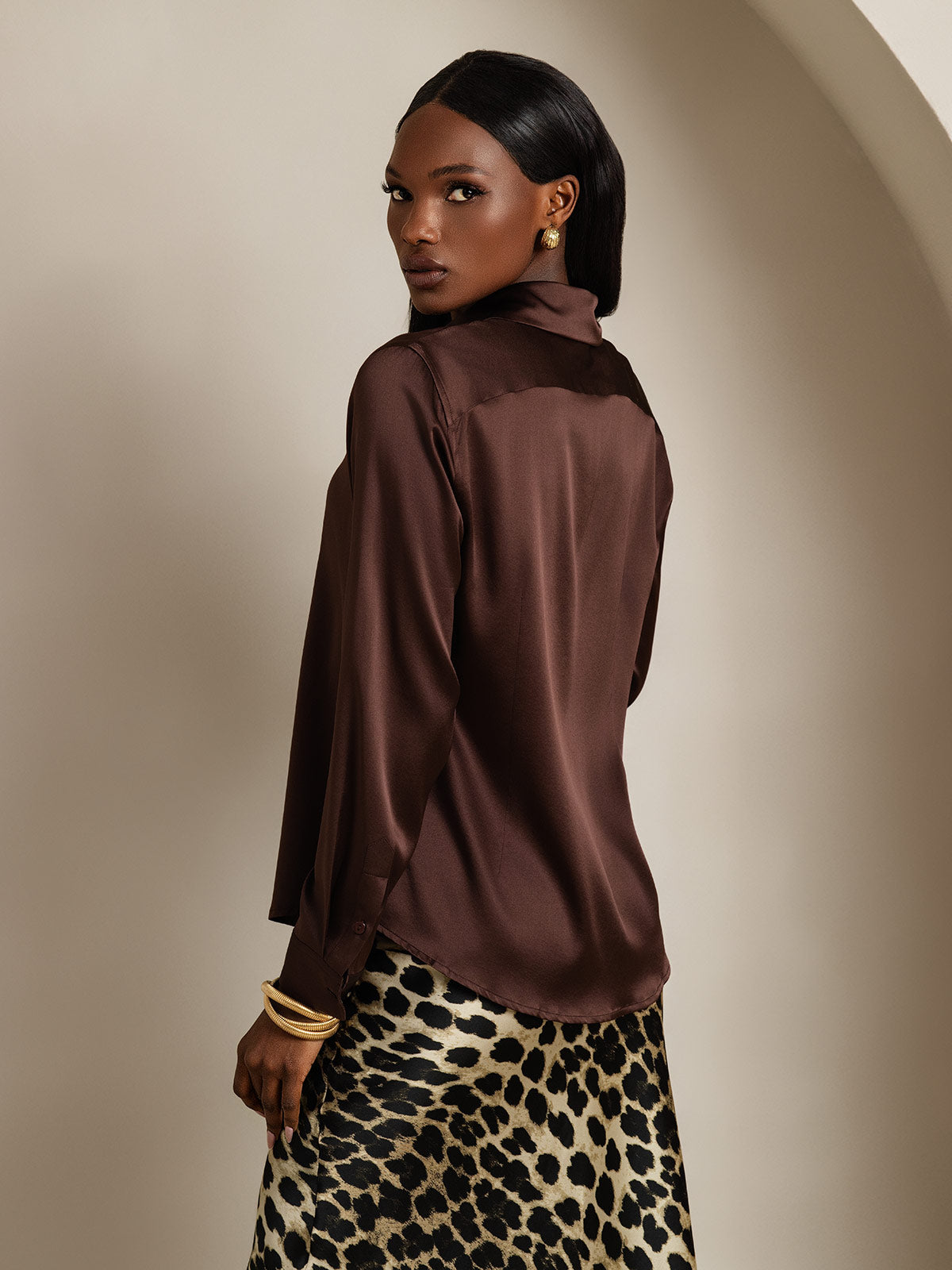 [Brown] SilkSilky  Silk Lapel Collar Women's Shirt 002