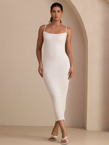 [White] SilkSilky Spaghetti Strap Square Neck Dress 007