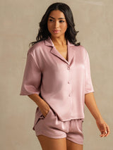 [Peach Skin] SilkSilky  19Momme Machine-Washable Silk Half Sleeve Notch Collar Women's Pajamas 005