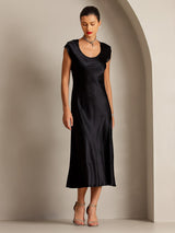 [Black] SilkSilky  19Momme Stretch Silk Charmeuse Cap Sleeve Scoop Neck Dress 007