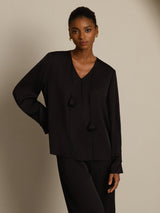 [Black] SilkSilky 19Momme Silk Long Sleeve V Neck Blouse 003