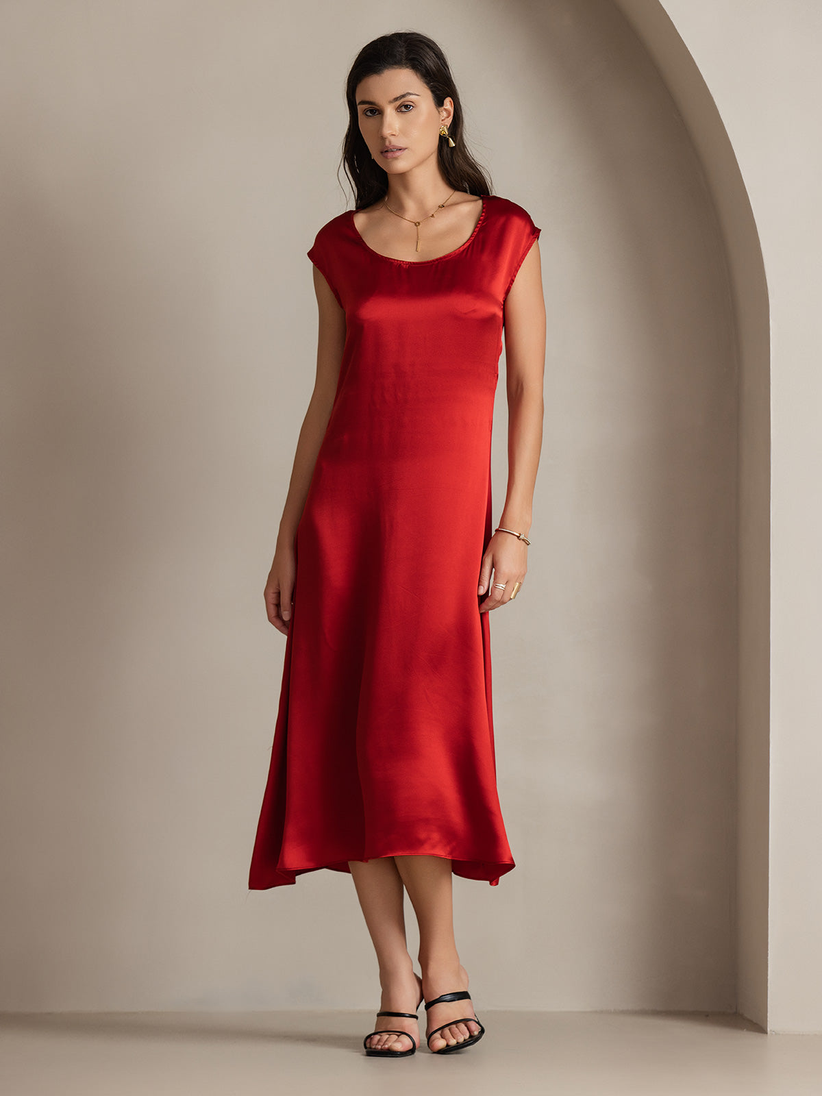 SilkSilky  19Momme Silk Sleeveless Round Neck Dress Wine 001