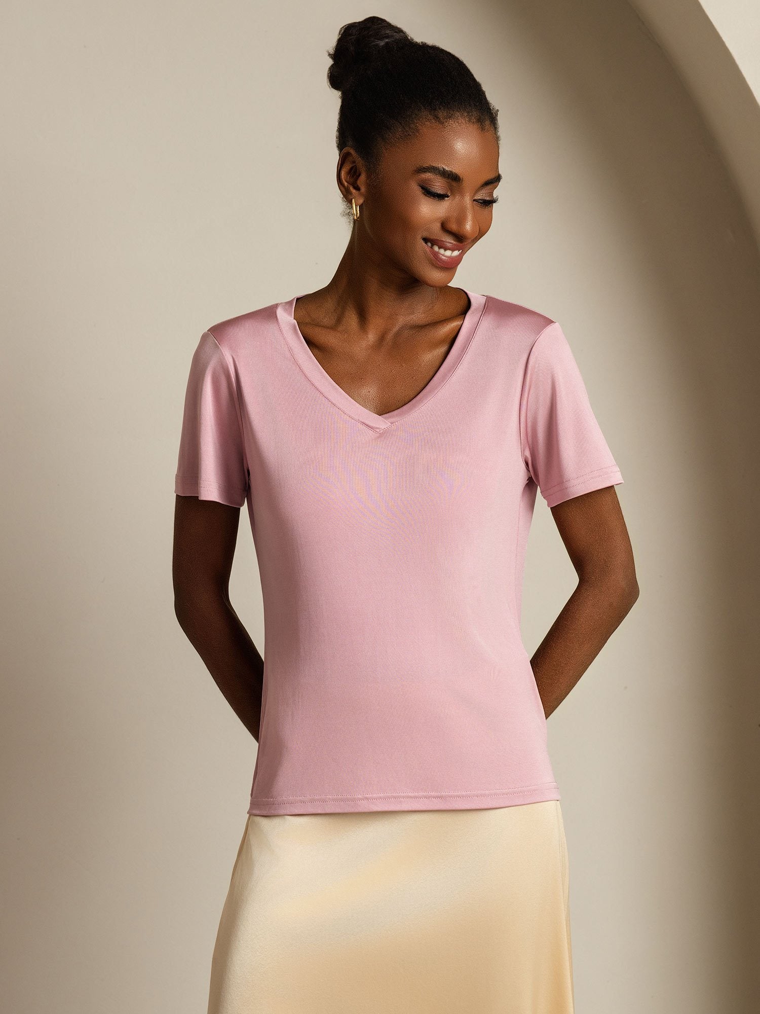 [PaleMauve] SilkSilky Pure Silk V Neck Women's T-Shirt 003
