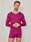 SilkSilky US Silk Knitted Long Sleeve V Neck Men's T Shirt DarkRed 003