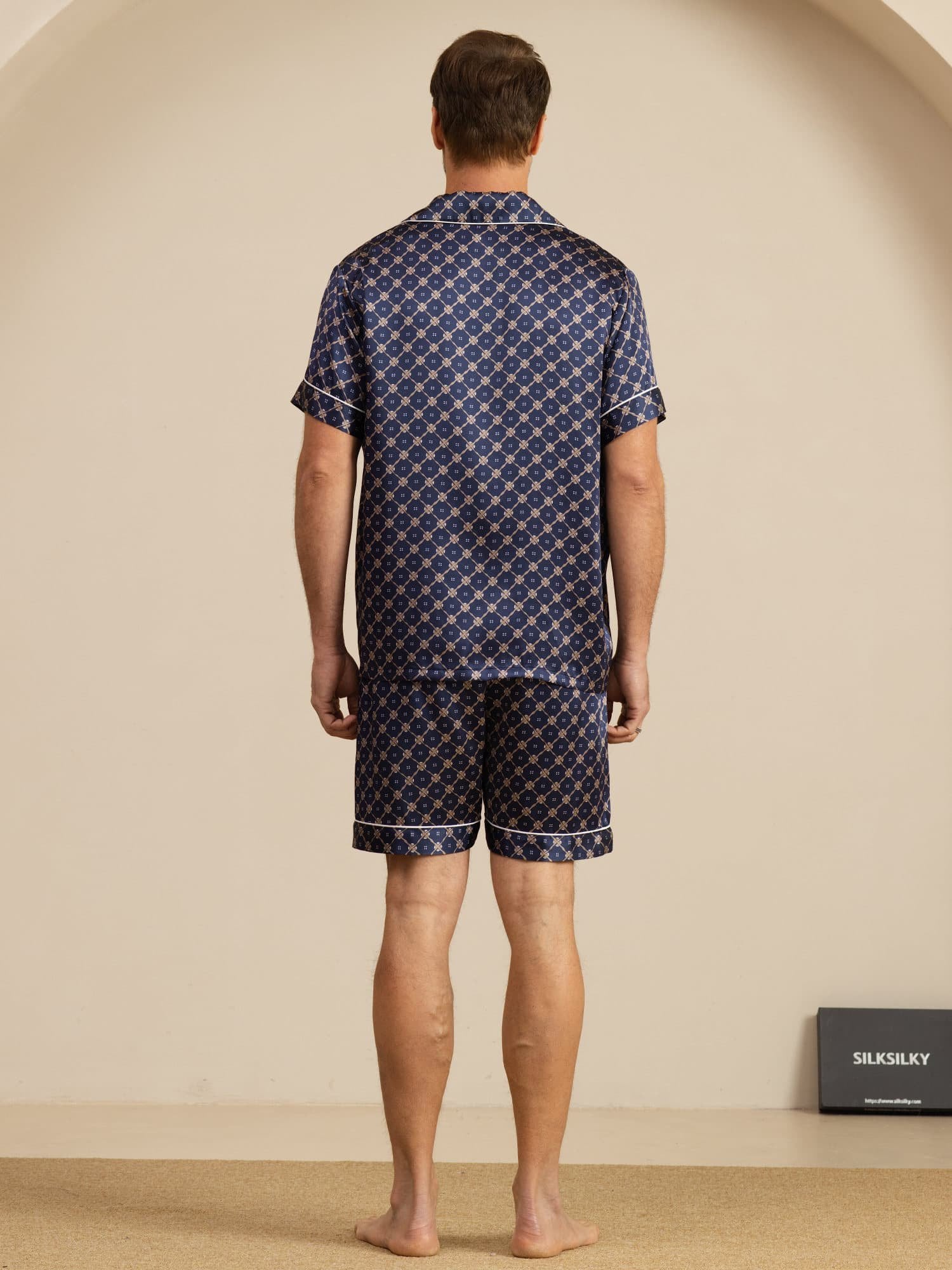 [Navy Chain] SilkSilky Short Sleeve Notch Collar Men's Pajamas 002