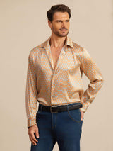 [Yellow Heart Geo] SilkSilky 19Momme Stretch Silk Charmeuse Long Sleeve Lapel Collar Men's Shirt 005