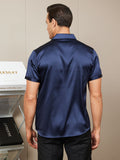 SilkSilky US Silk Blend Short Sleeve Collar Men's Shirt DarkBlue 002