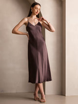 [Coffee] SilkSilky  Spaghetti Strap V Neck Dress 006