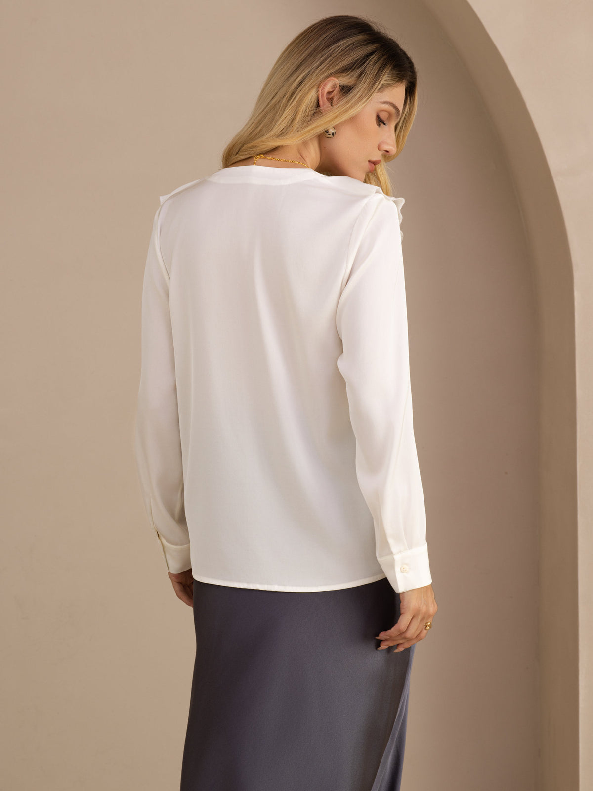 [White] SilkSilky Long Sleeve Deep V Neck Women's Blouse 002