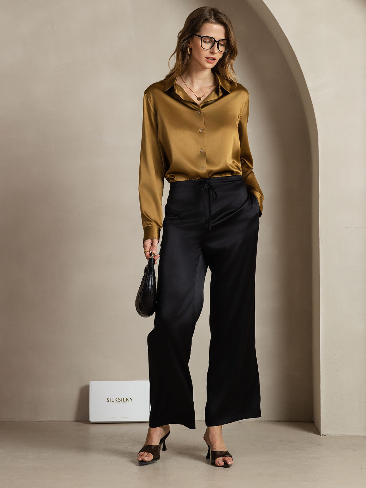 [Bronze] SilkSilky  Silk Long Sleeve Lapel Collar Women's Shirt 007