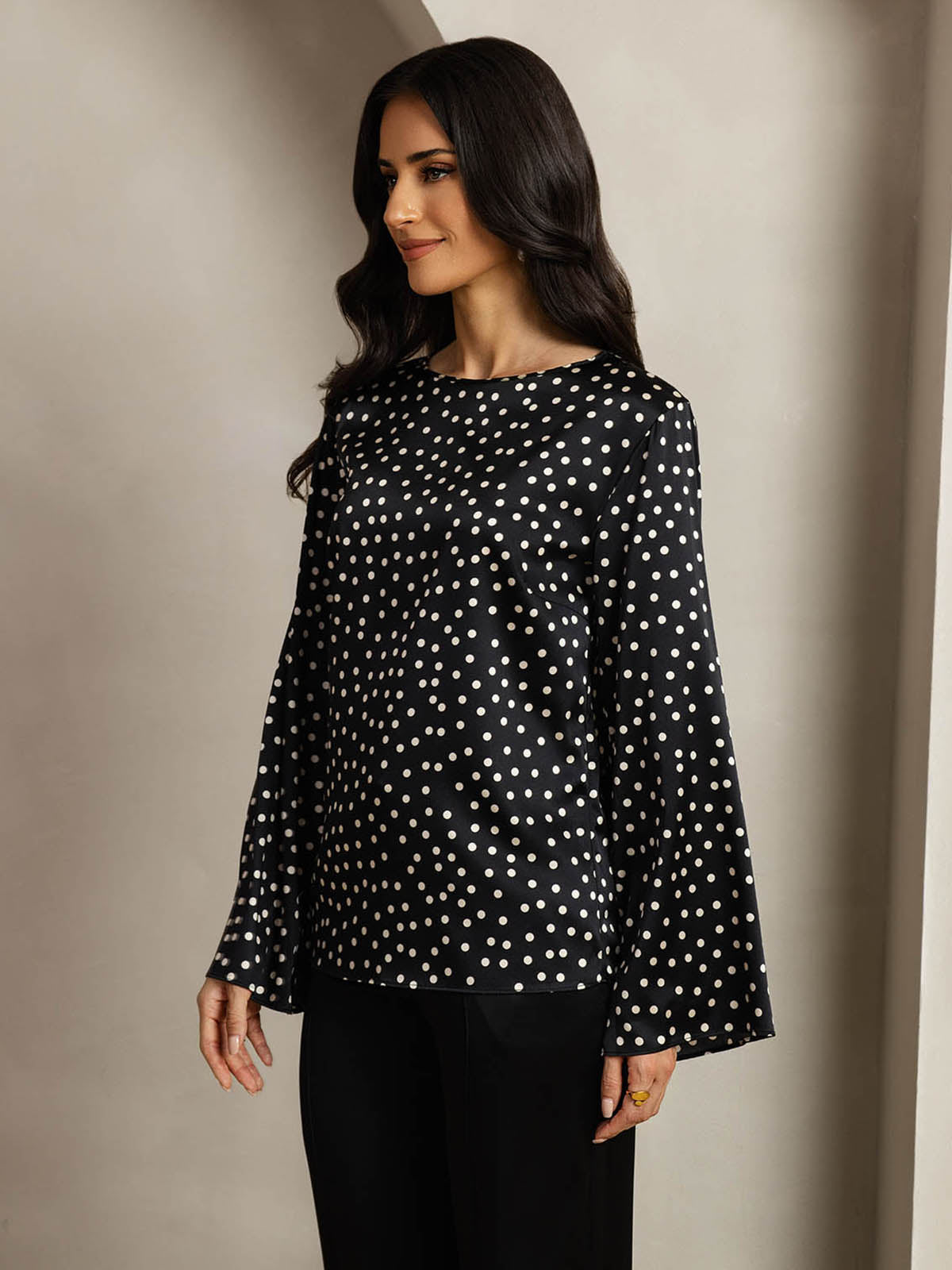 [Polka Dot] SilkSilky  19Momme Silk Round Neck Women's T-Shirt 004
