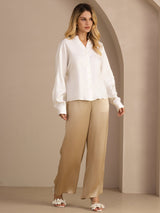 [White] SilkSilky Long Sleeve Split Women's Blouse 006