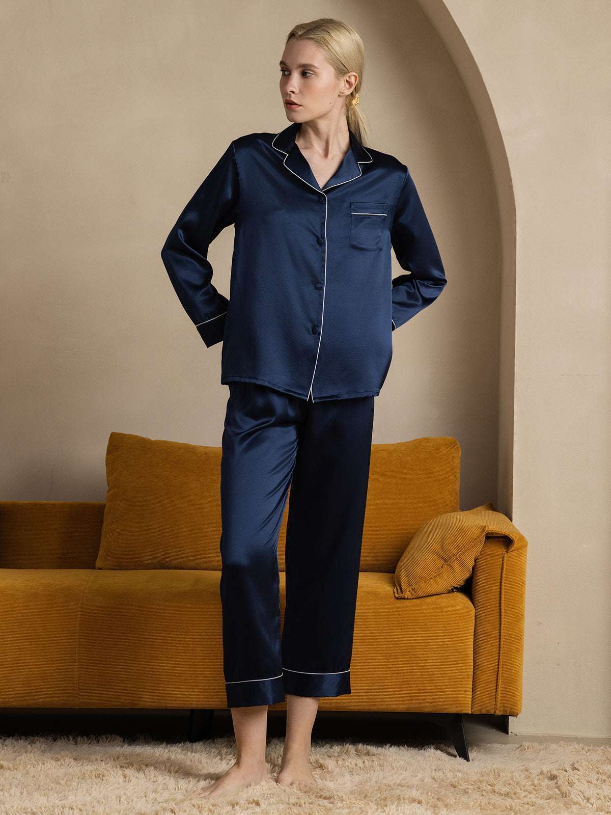 SilkSilky  22Momme Pure Silk Long Sleeve Lapel Women's Pajamas DarkBlue 004