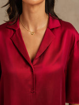 [Wine] SilkSilky  19Momme Machine-Washable Silk Half Sleeve Notch Collar Women's Pajamas 004