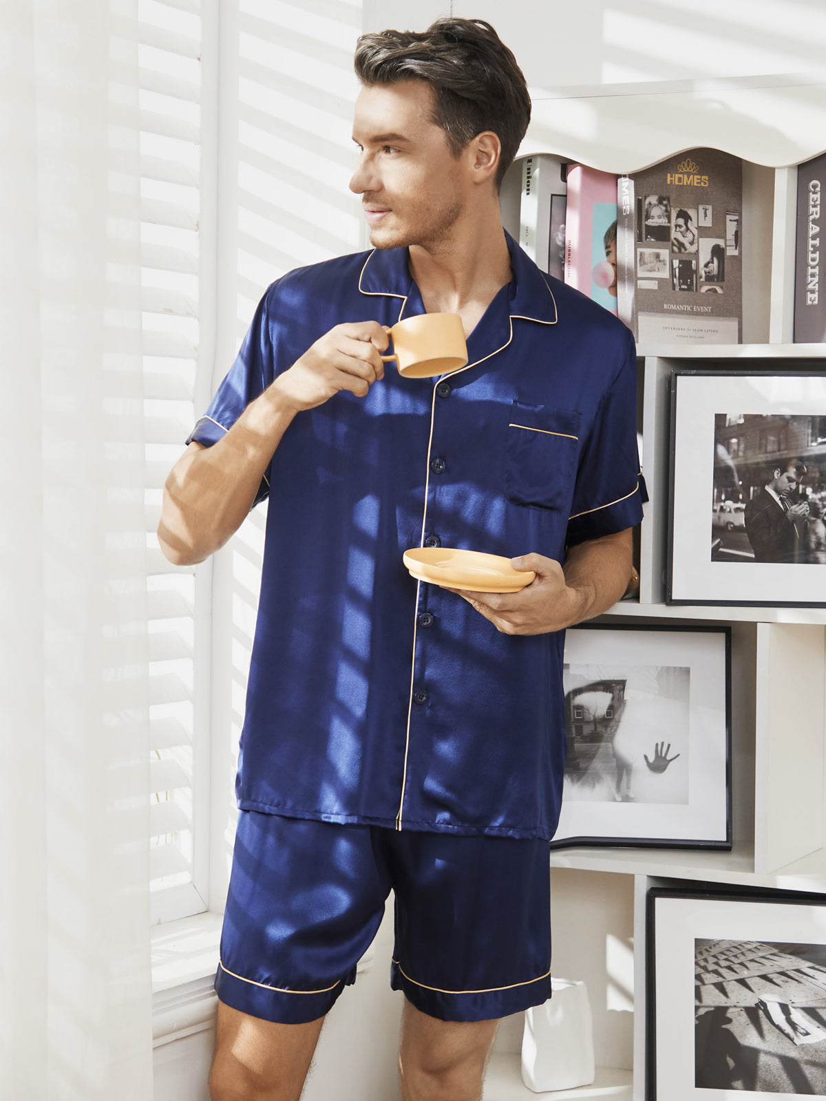 SilkSilky US Pure Silk Short Sleeve Mens Pajamas DarkBlue 001