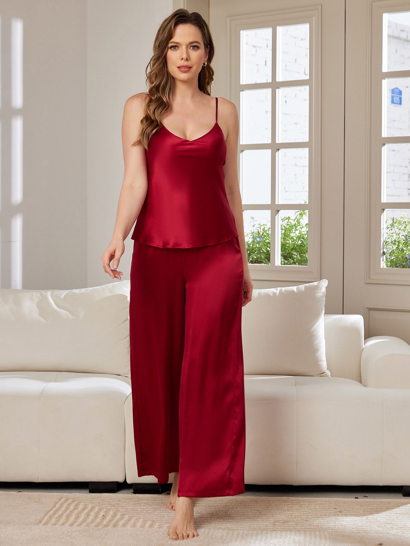 [Wine] SilkSilky  Pure Silk V Neck Camisole Set 001