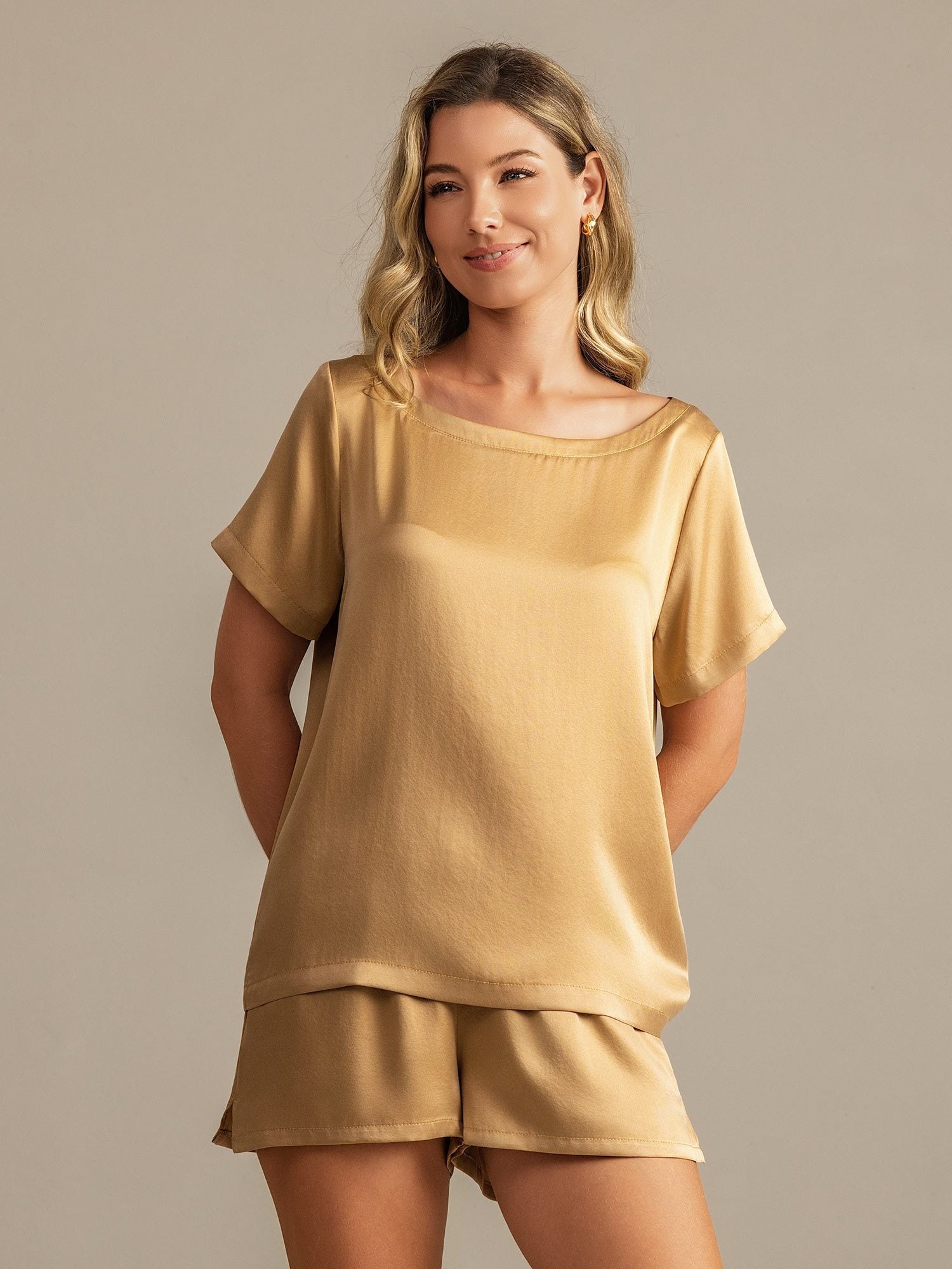 [Tan] SilkSilky 19Momme Silk Round Neck Women's Pajamas 007