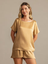 [Tan] SilkSilky  Short Sleeve Round Neck Women's Pajamas 007