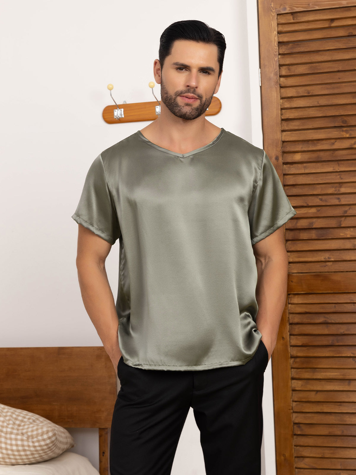 SilkSilky  Pure Silk Short Sleeve V Neck Men's T-Shirt GrayishGreen 001