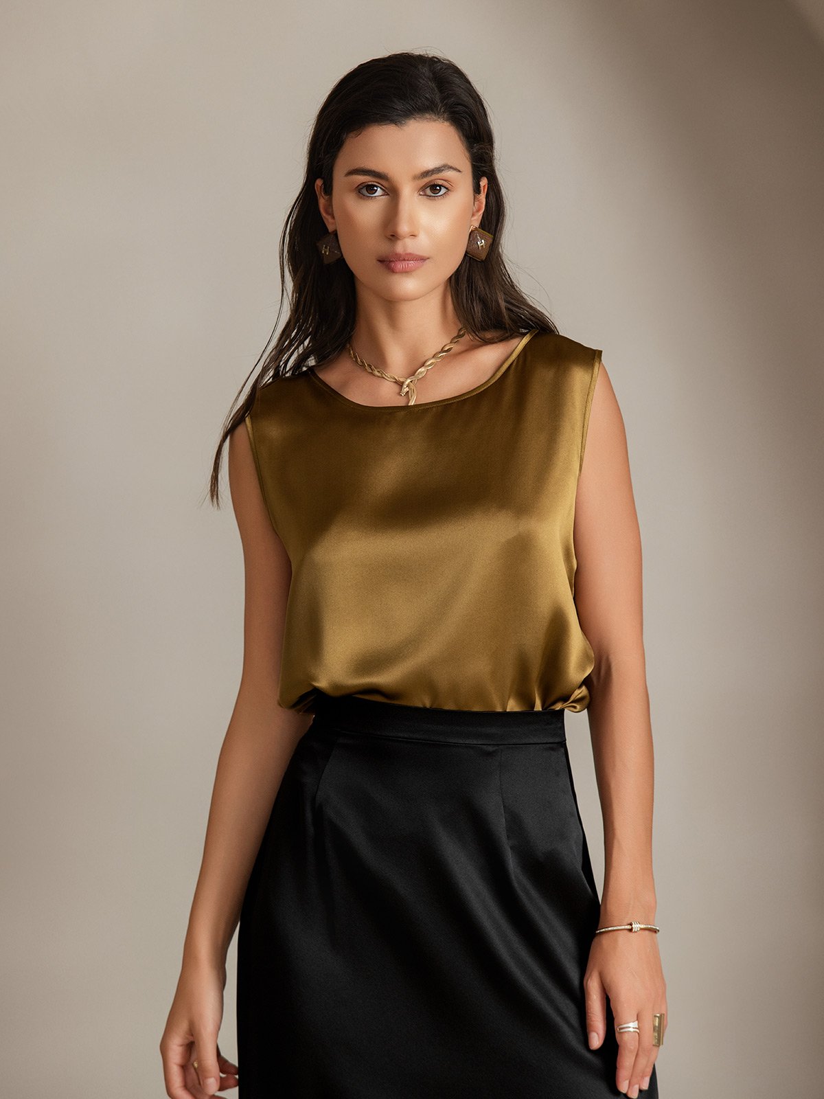 [Brown] SilkSilky  19Momme Silk Round Neck Camisole Top 003