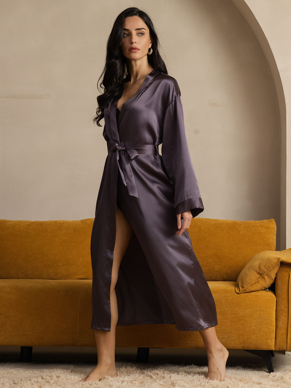 SilkSilky  Pure Silk Long Sleeve Womens Robe PurpleGray 004