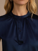 [Dark Blue] SilkSilky Short Sleeve Split Women's Blouse 005
