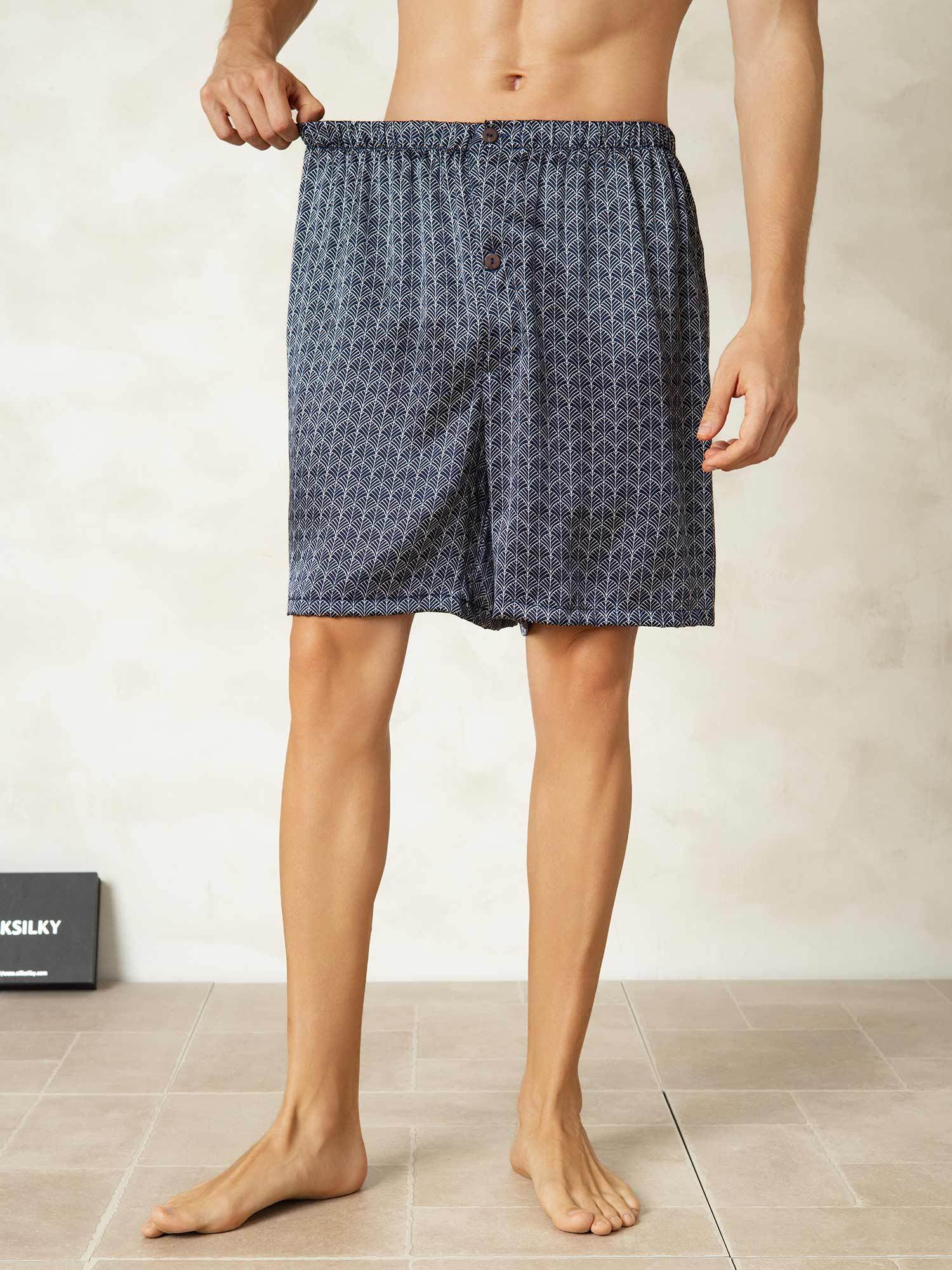 [Navy Ginkgo] SilkSilky  Pure Silk Mens Sleep Bottoms 005,